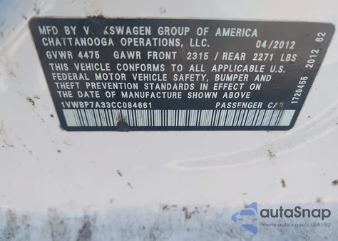 2012 Volkswagen Passat 2.5L Se z USA, uszkodzony, nr VIN 1VWBP7A33CC084661